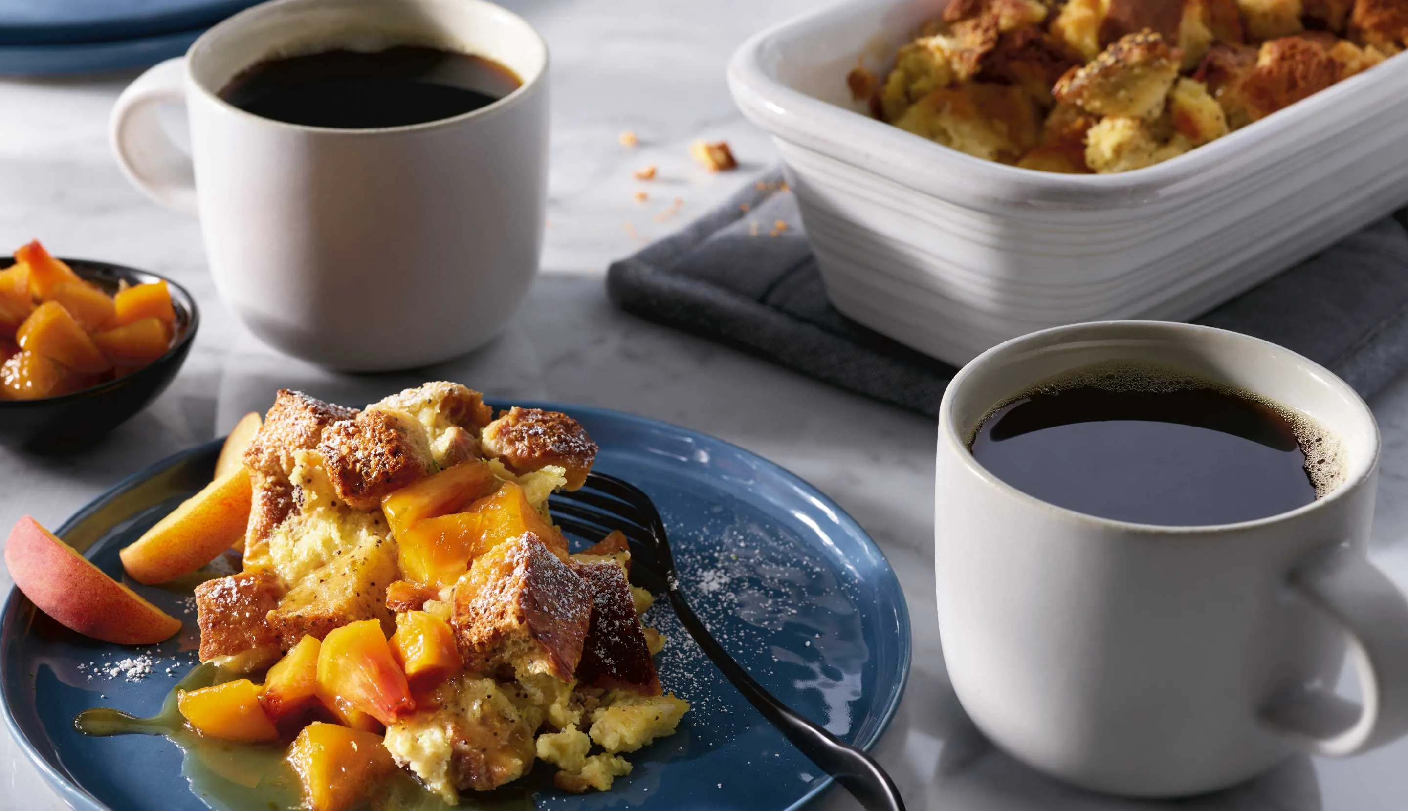 French Toast Bread Pudding with Peach Compote Header
